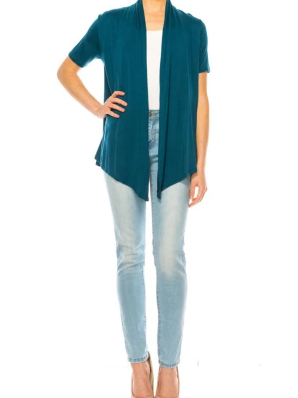 MOA Collection Teal Short Sleeve Asymmetrical Hem Cardigan - Picture 4 of 7